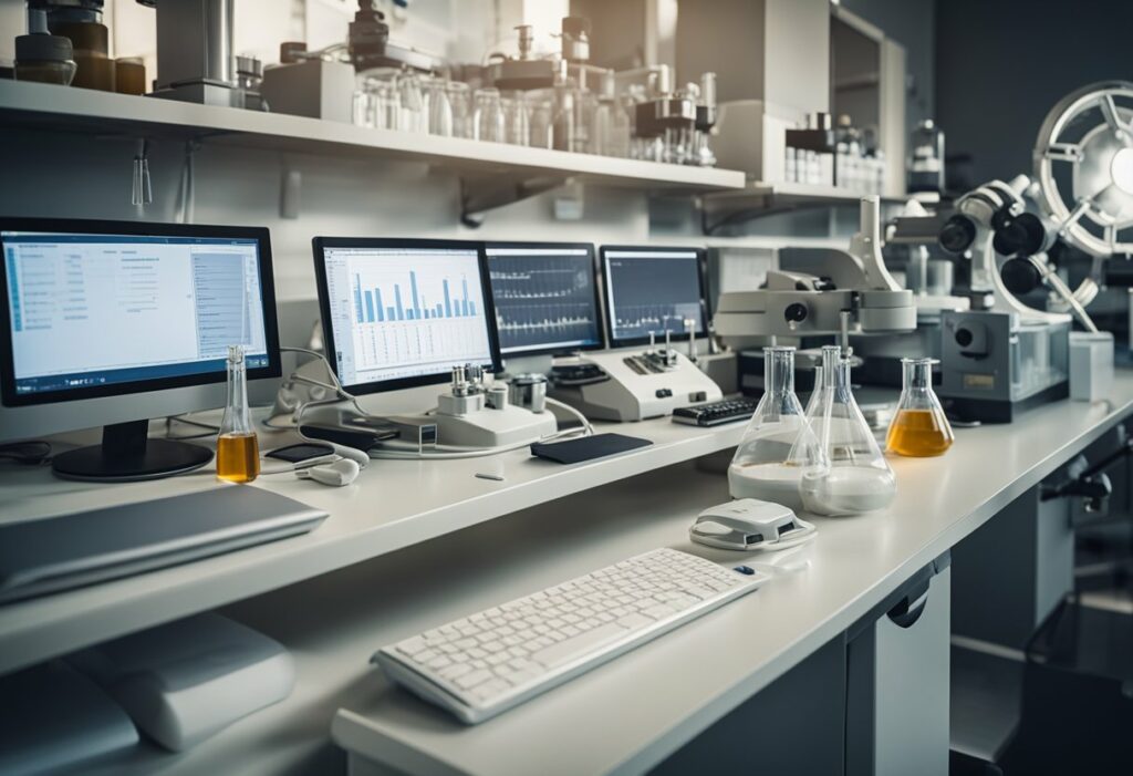 Ein wissenschaftliches Labor mit verschiedenen Forschungsausrüstungen und Diagrammen, die Keto-Mythen widerlegen.