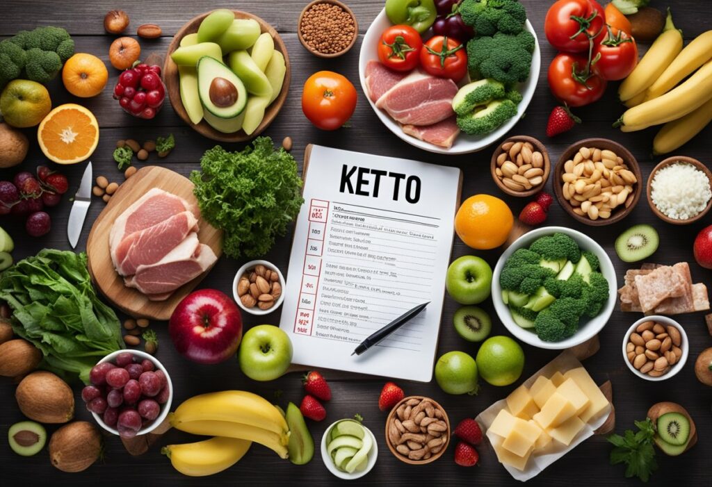 Ein Tisch mit verschiedenen Lebensmitteln, darunter Früchte, Gemüse und Fleisch, neben einer Liste der "Top 10 Keto-Mythen", die mit einem roten Marker durchgestrichen sind.