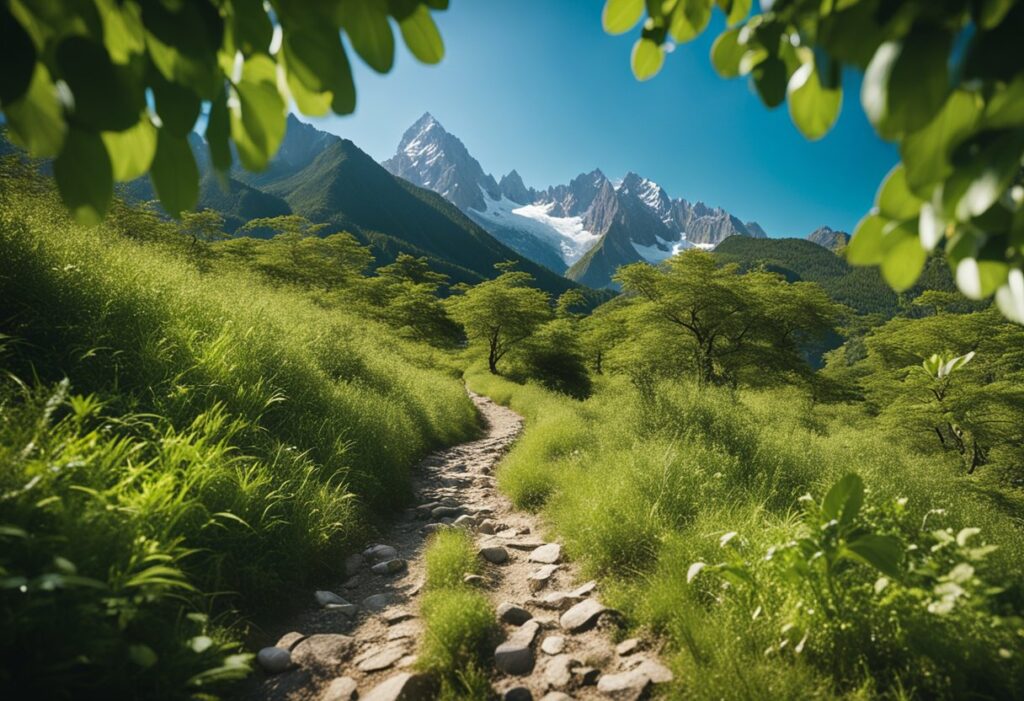 Ein Bergweg, der sich durch üppiges Grün schlängelt, mit einem klaren blauen Himmel und hohen Gipfeln in der Ferne.