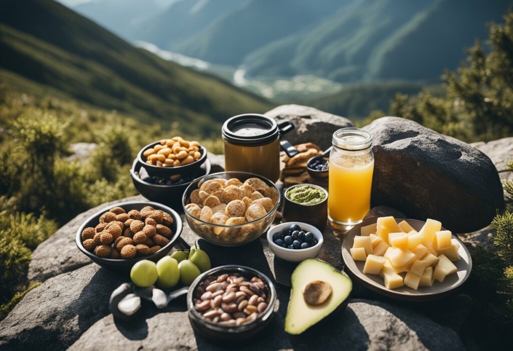 Eine Berglandschaft mit keto-freundlichen Snacks und energiefördernden Lebensmitteln, die auf einem Felsen ausgebreitet sind, umgeben von Wanderausrüstung und einem Pfad, der zu einem Gipfel führt.