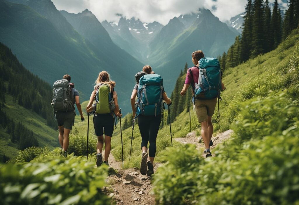 Eine Gruppe von Wanderern mit Rucksäcken, die einen Bergpfad hinaufwandern, umgeben von üppigem Grün und hohen Gipfeln, mit einem Fokus auf ihren energieanregenden, keto-freundlichen Snacks und Wasserflaschen.