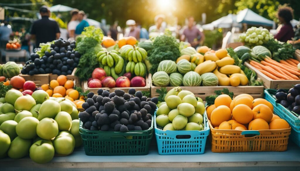 Ein lebhafter Bauernmarkt im Freien mit bunten saisonalen Früchten und Gemüse, umgeben von üppigem Grün und einem strahlend blauen Himmel