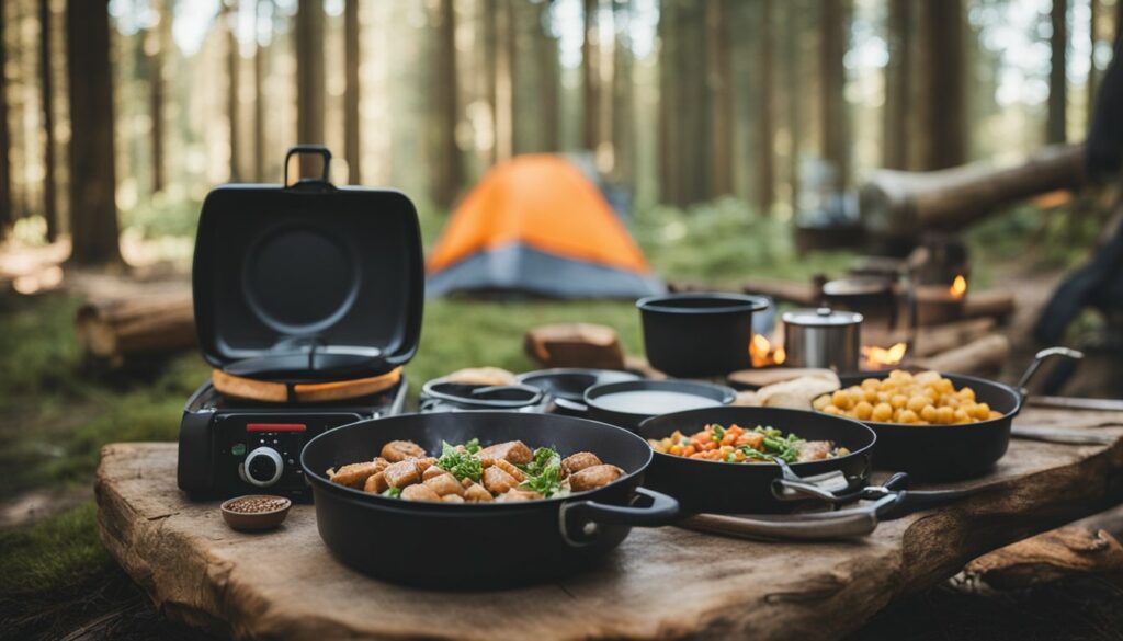 Ein Campingplatz mit einem tragbaren Herd, Kochutensilien und einem Lagerfeuer, umgeben von keto-freundlichen Zutaten und Kochgeräten.