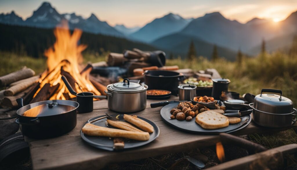 Ein Campingplatz mit einem tragbaren Herd, Kochutensilien und Lebensmitteln, die auf einem Tisch ausgebreitet sind. Ein Lagerfeuer brennt im Hintergrund, umgeben von Campingausrüstung.