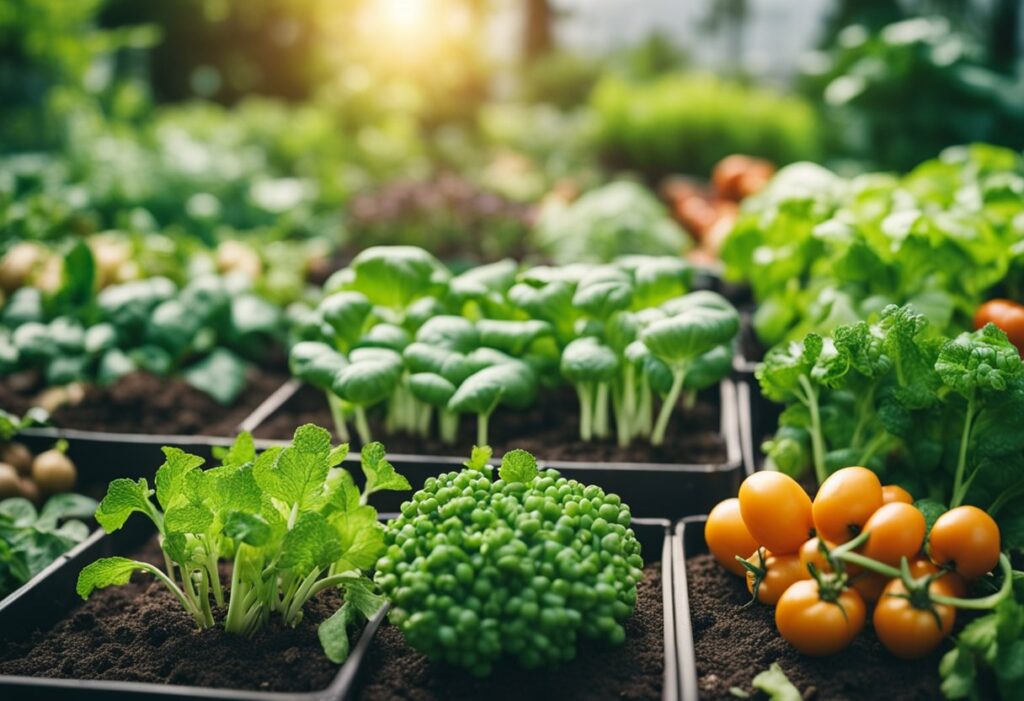 Ein vielfältiger Garten mit verschiedenen kohlenhydratarmen Gemüsesorten, die von Samen zu voll entwickelten Pflanzen wachsen, bereit zur Ernte und zum Genuss in einer ketogenen Ernährung.