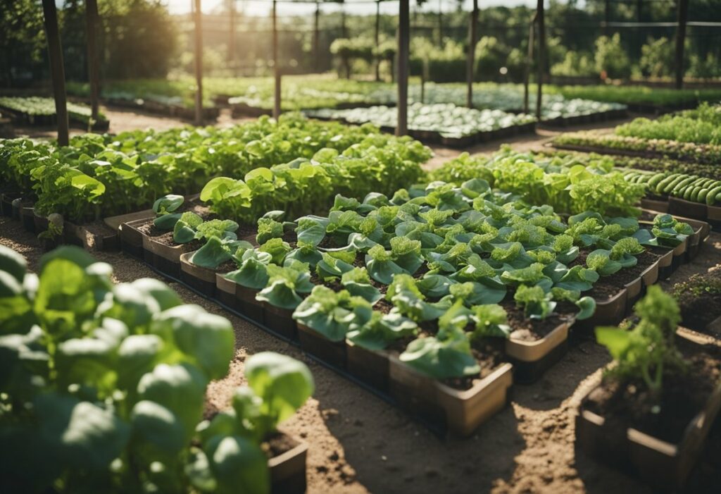 Ein Garten mit Reihen von verschiedenen Gemüsearten, die von Samen bis zu voll ausgewachsenen Pflanzen wachsen, mit einem Buch über ketogene Gartenarbeit in der Nähe.