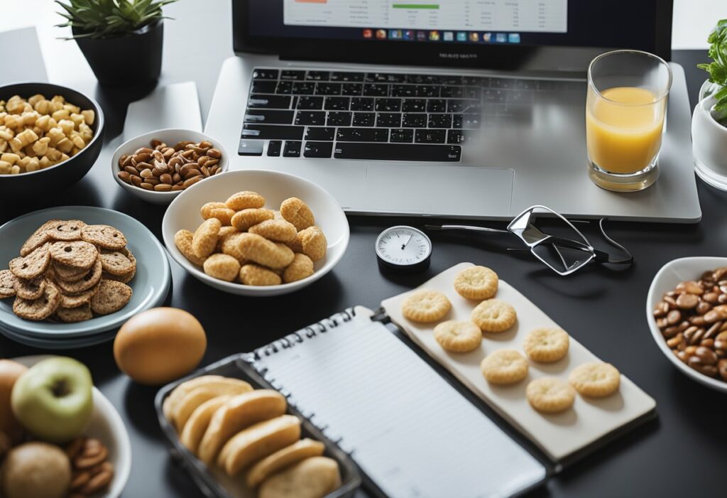 Ein beschäftigter Schreibtisch mit einem Laptop, Notizblock und gesunden kohlenhydratarmen Snacks. Ein professionelles Umfeld mit Fokus auf ketogene Ernährung und stressfreies Arbeiten.