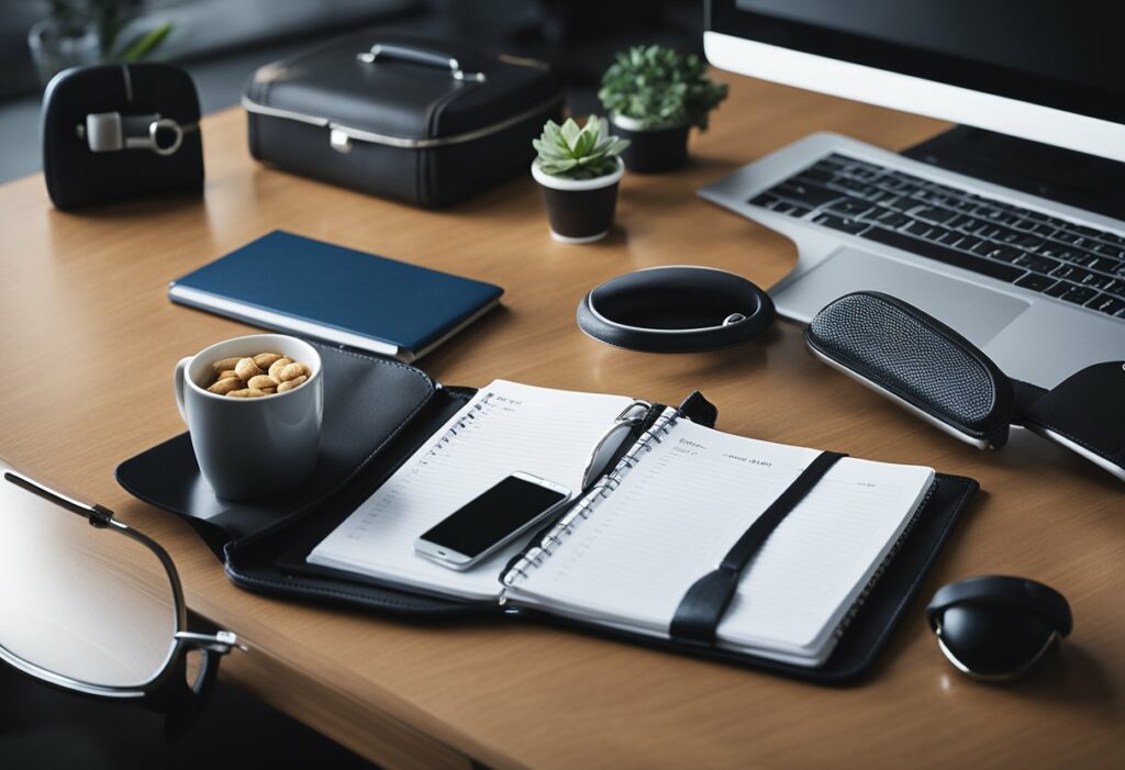 Ein Schreibtisch mit einem Laptop, Notizblock und gesunden Snacks. Eine Aktentasche und ein Reisebecher sind in der Nähe. Ein Kalender zeigt bevorstehende Meetings und Geschäftsreisen.