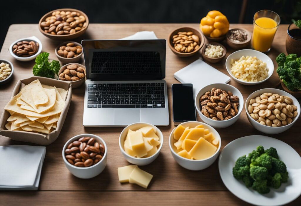 Ein Schreibtisch mit einem Laptop, einem Stapel Papiere und einer Vielzahl von ketofreundlichen Snacks wie Nüssen, Käse und Gemüse