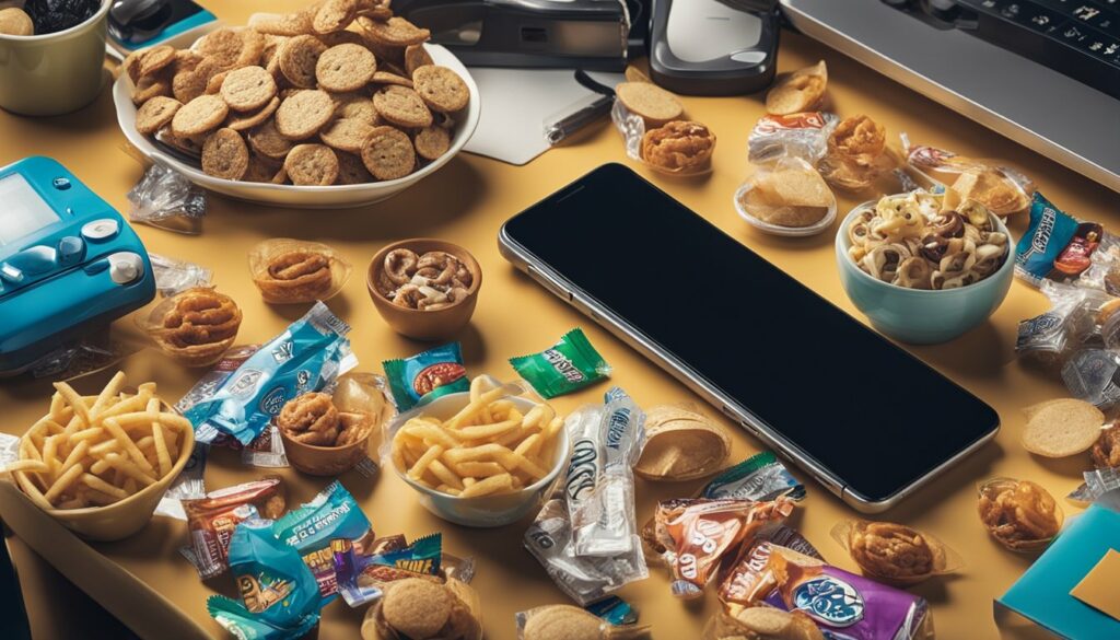 Ein unordentlicher Schreibtisch mit verstreuten Junkfood-Verpackungen und einem summenden Telefon, umgeben von einer hektischen und chaotischen Umgebung.