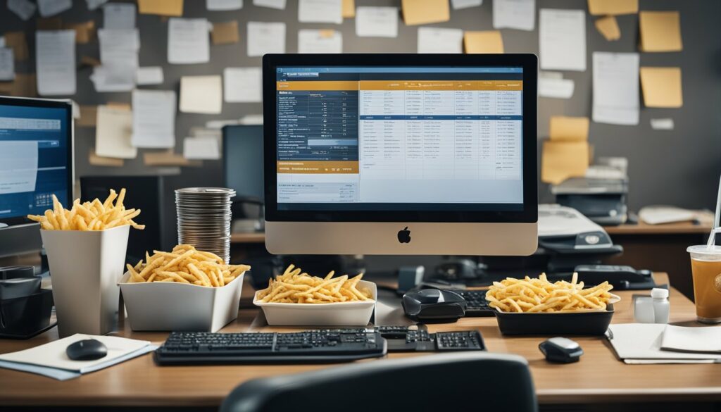 Ein unordentlicher Schreibtisch mit leeren Fast-Food-Behältern, einem überquellenden Mülleimer und einem Computerbildschirm, der einen hektischen Zeitplan anzeigt.