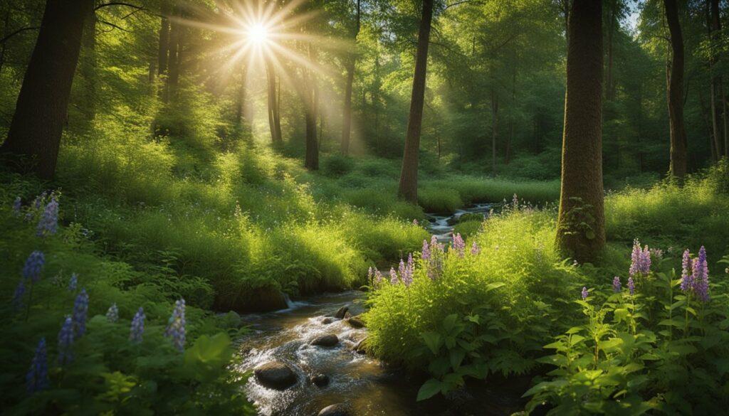 Eine friedliche Lichtung im Wald mit einem plätschernden Bach, umgeben von üppigem Grün und bunten Wildblumen. Sonnenlicht filtert durch die Bäume und wirft gesprenkelte Schatten auf den Boden.