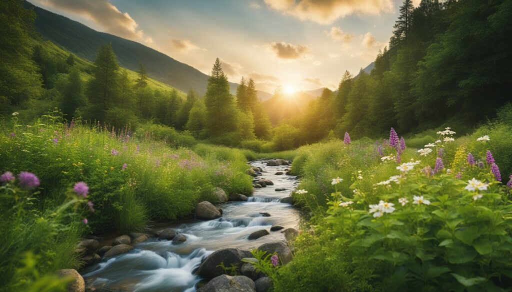 Eine ruhige Naturlandschaft mit einem fließenden Bach, üppigem Grün und lebhaften Wildblumen, umgeben von einem Gefühl der Ruhe und Gelassenheit.